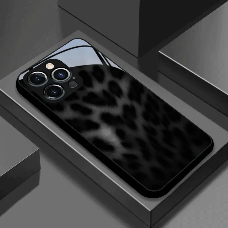 

Black Gray Leopard Print Texture Pattern Tempered Glass phone case for 17/16/16ProMax/15/14/13/12ProMax/11/11Pro