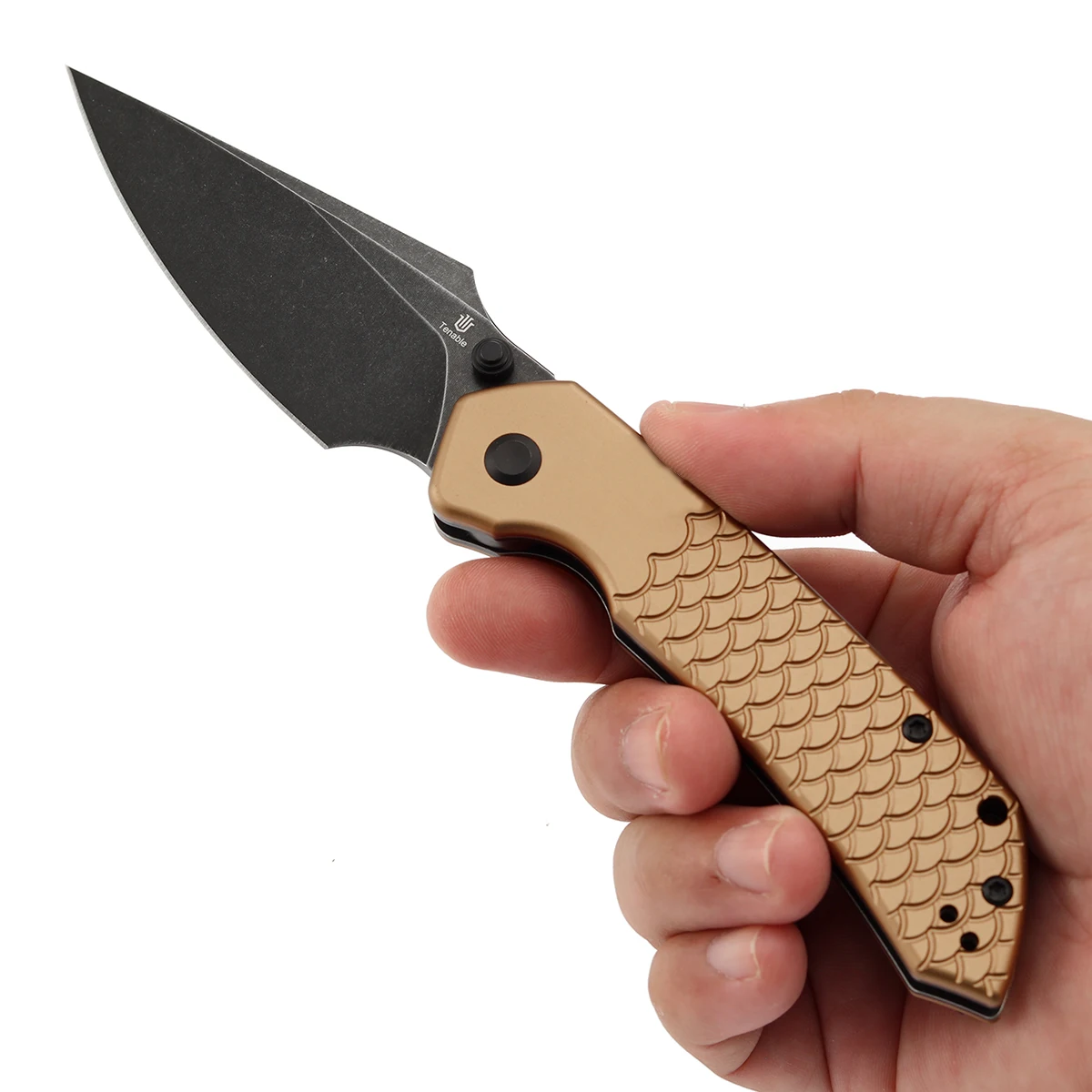 Couteaux pliants Tenable T1034H, lame Fenrir Damas/Nitro-V avec PEI/aluminium avec Texture écailles de poisson, poignée de poche Camping EDC