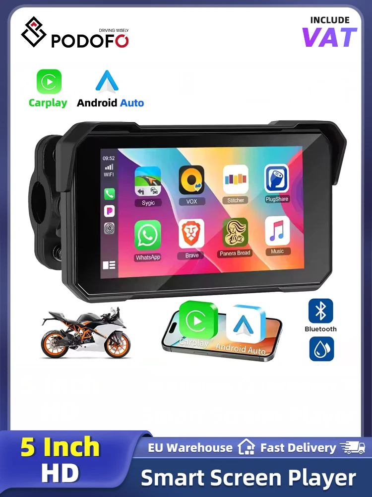 Podofo 5'' IPS-Bildschirm, kabelloser Carplay-Motorradmonitor, GPS-Navigation, Android Auto, tragbarer Smart-Player, IP68 wasserdicht, tragbarer On-Board-Bildschirm für den Fahrgebrauch