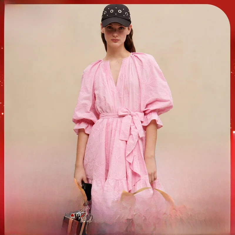 

Новинка: Женская хлопковая юбка А-силуэта Ele Pink с оборками, завышенной талией и V-образным вырезом, модель RO02899