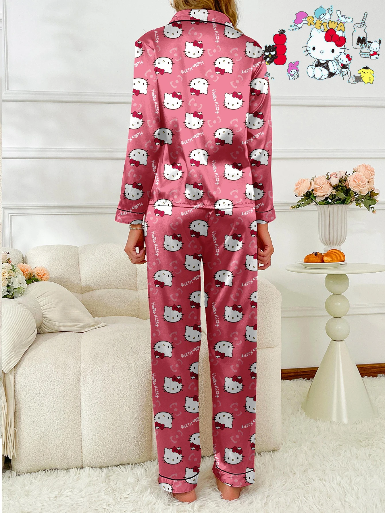 طقم ملابس نوم كاجوال بأكمام طويلة من Sanrio HelloKitty باللون الأحمر الوردي