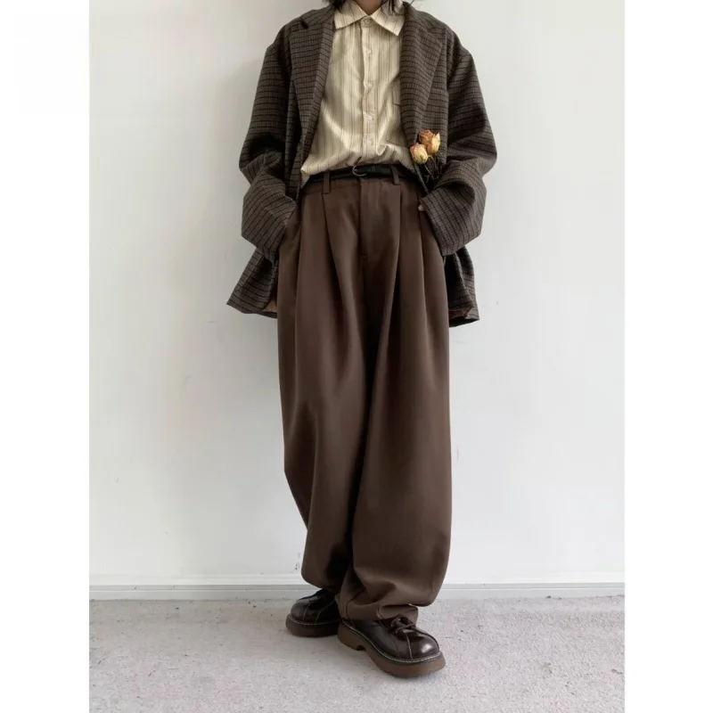 Café Brown Wide Leg Casual Pants Men's Women's Trendy Brand Loose Long Trousers Business Gentleman Style Polyester Fiber