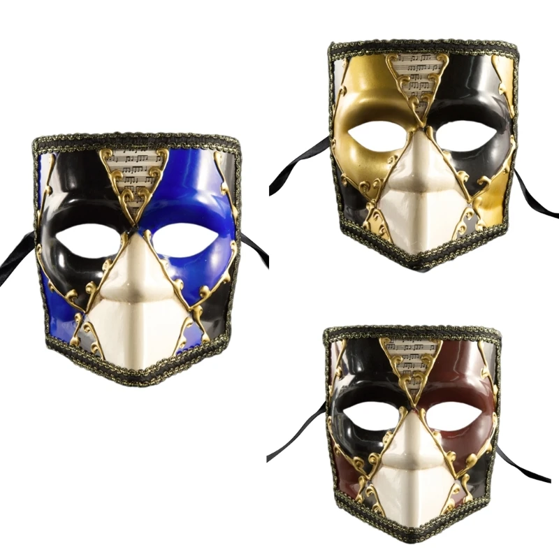 

Vintage Full Face Lace Trim Masquerade Mask for Men Elegant Designs Eyemask with Ribbons for Carnivals Parties