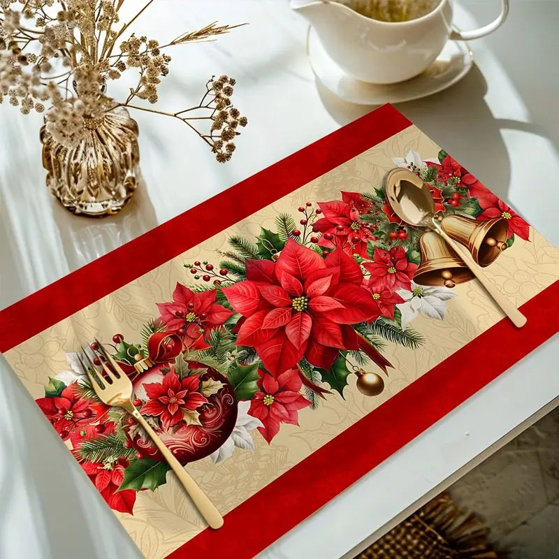 VIKAMA Christmas Placemat Red White Poinsettia Gold Bell Holly Berry Xmas Dining Table Mat Heat Resistant Winter Holiday Party