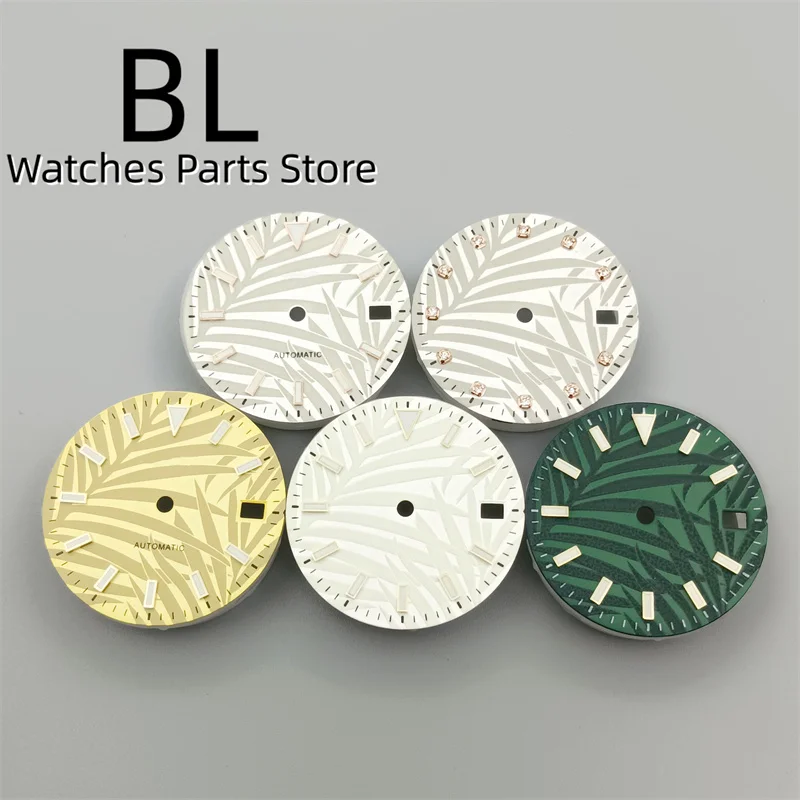 BLIGER 29mm Palm Leaf Watch Dial For NH35A Mechanical Movement Super C3 Green Luminous Full Luminous Dial Gold Edge Index Date