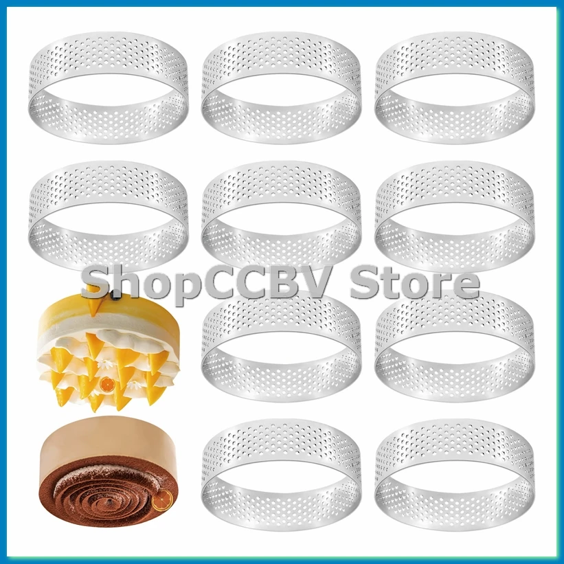 

10Pcs Circular Tart Rings with Holes Stainless Steel Fruit Pie Quiches Cake Mousse Mold Kitchen Baking Mould 7cm-A50M