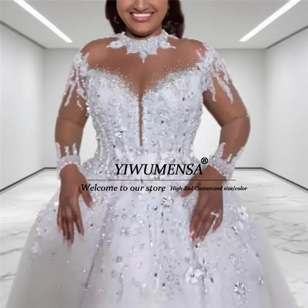 Luksusowa suknia ślubna afrykańska z kryształkami, suknia balowa z długimi rękawami, iluzja, suknie ślubne, odzież ślubna szyta na miarę.