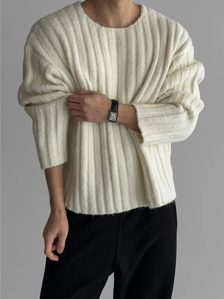 

Loose Fit Men's Long Sve Knitwear round Ne American Retro Vertical Stripes Sweater Warm Top Coat for Autumn Winter