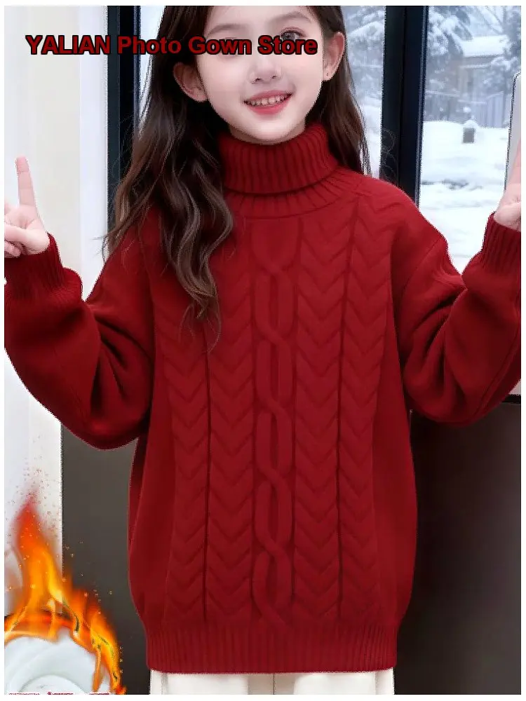 Girls Turtleneck Winter 2025 Thickened Cable Knit Base Layer Top Warm Innerwear Greeting Outfit High Neck