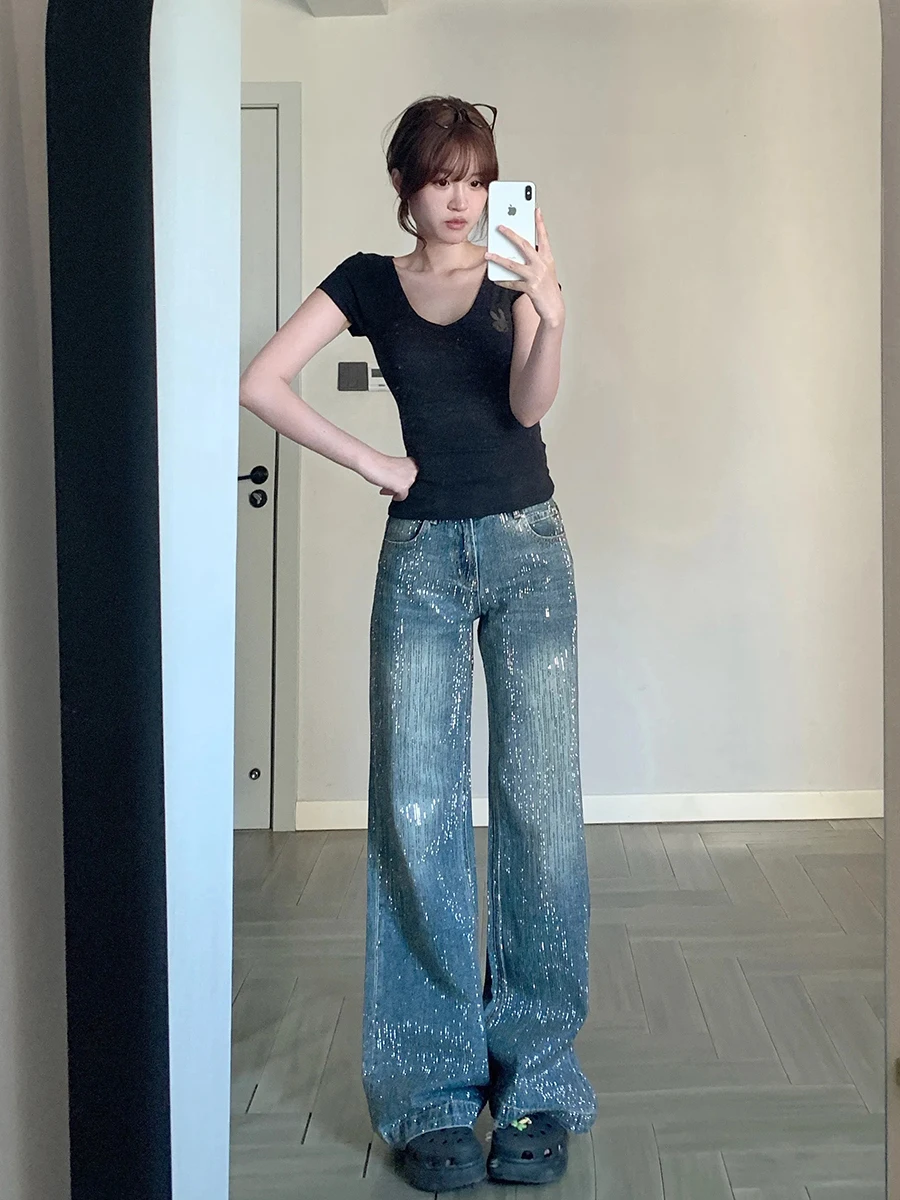 ReddaChic ICON 라인 석 장식 여성 청바지 파티 반짝이 수염 높은 허리 와이드 캐주얼 바지 바지 레트로 Y2k 의류
