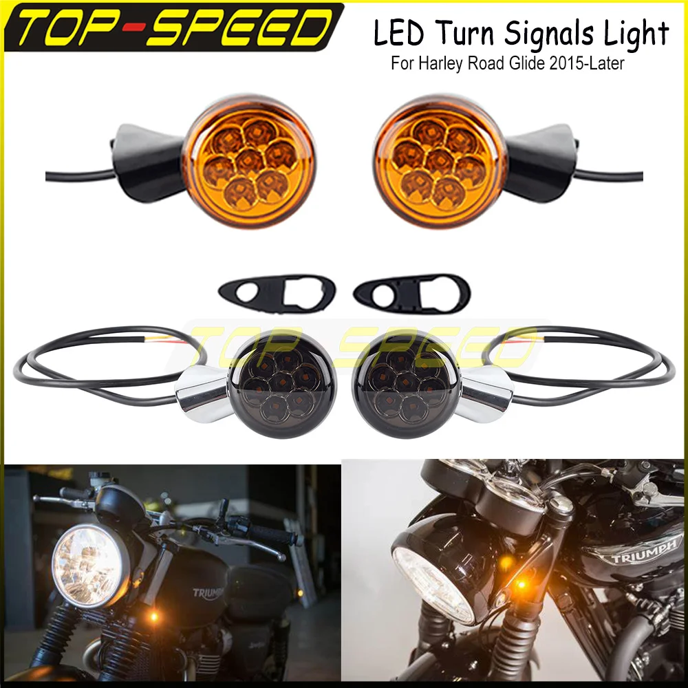 

12V Motorcycle Front LED Turn Signal Lights Amber/Smoke Lens Bullet Indicator Blinkers Flasher Lamp For Harley Road Glide 15-up