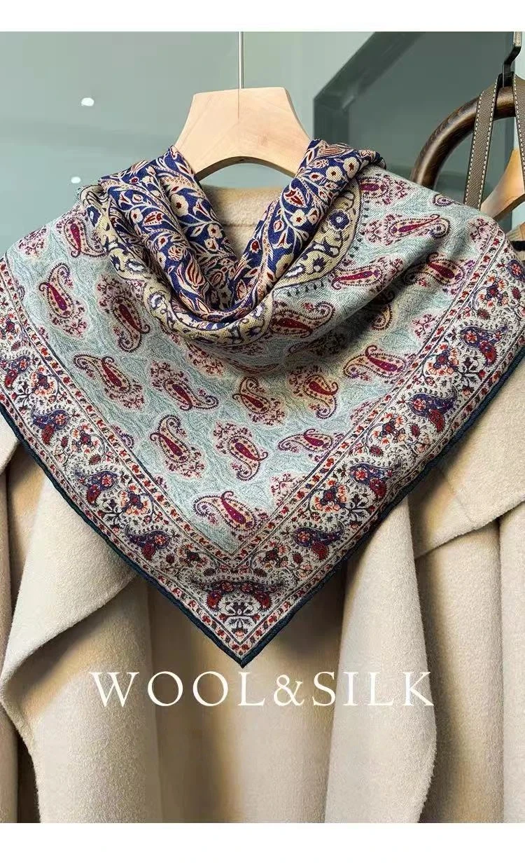 2026 Double-Sided Silk Wool Scarf Women's Vintage French Style 70% Wool 30% Silk Boho Paisley Scarf Elegant Womens Shawl