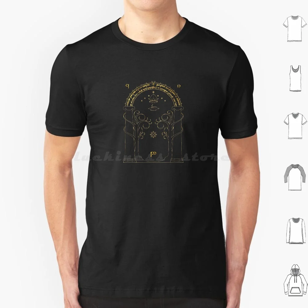 Camiseta de algodón con estampado vectorial de alta resolución Gate To Moria Gold para hombre y mujer, diseño DIY, Speak Enter Friend, puerta mágica de fantasía, Gandalf