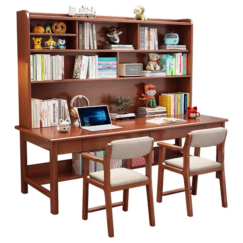 

Solid wood double desk bookshelf integrated children's study table multi-person combination primary school students