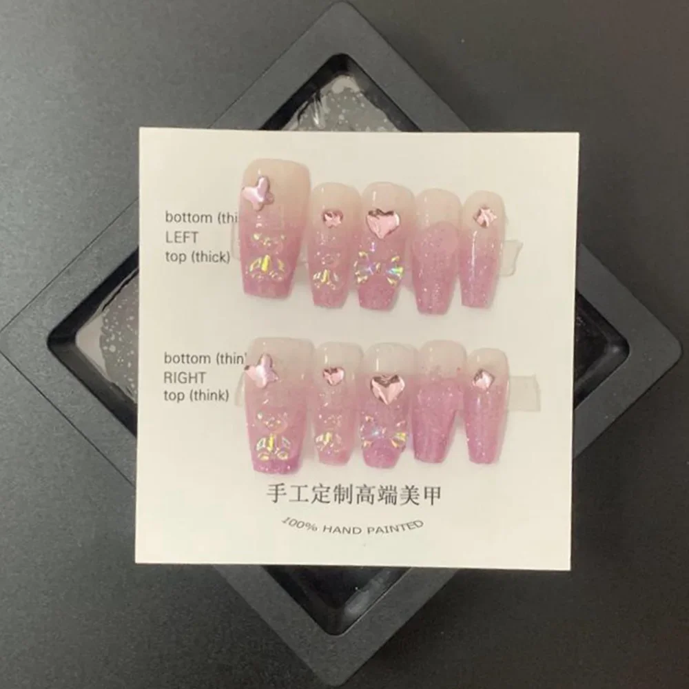 

Pink Handmade Press on Korean Star Nails Heart Charms Design Reusable Adhesive False Nails Coffin Artificial Acrylic