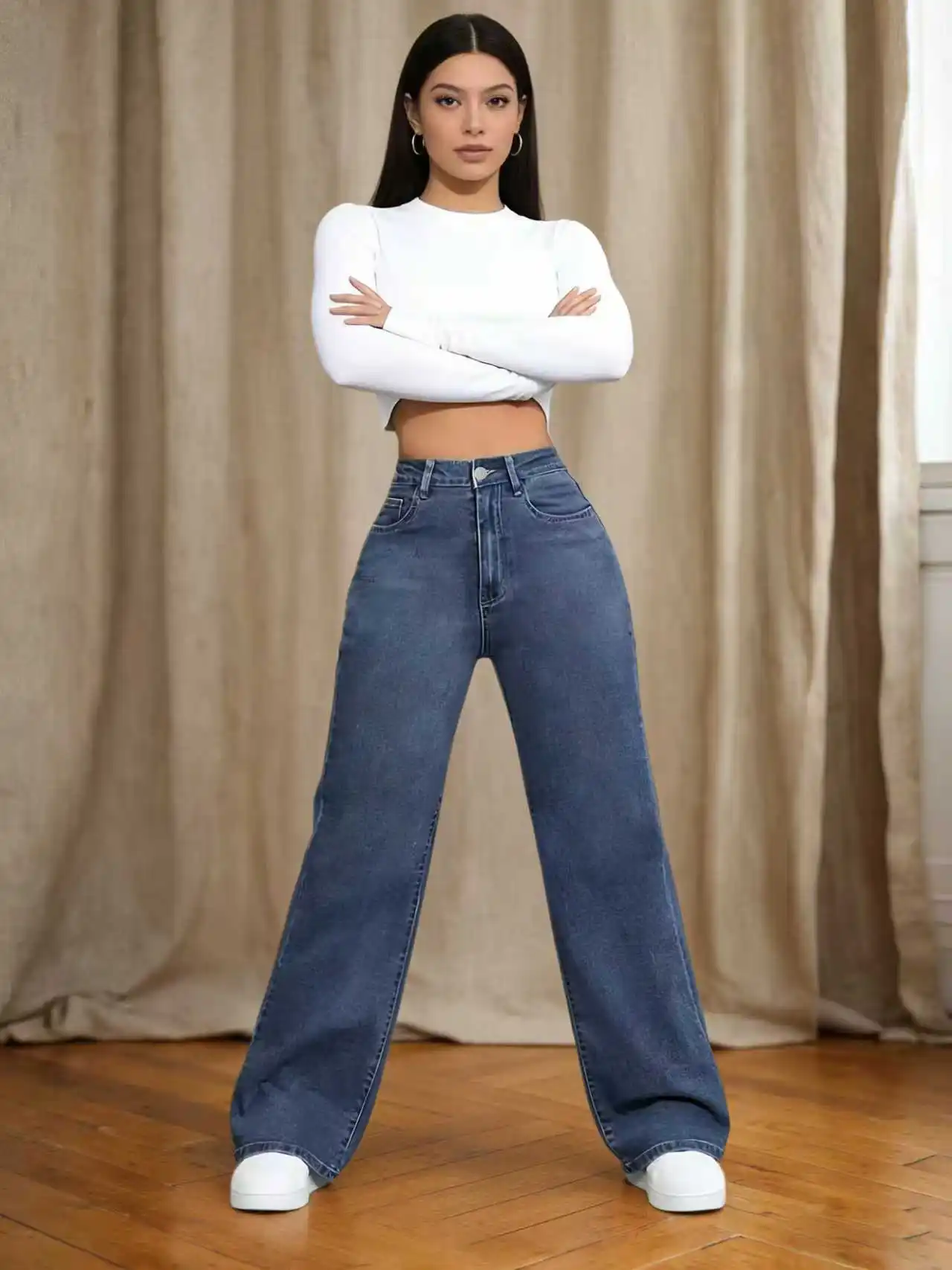 

Модные и стильные синие джинсы с широкими штанинами для женщин больших размеров, которые можно стирать.