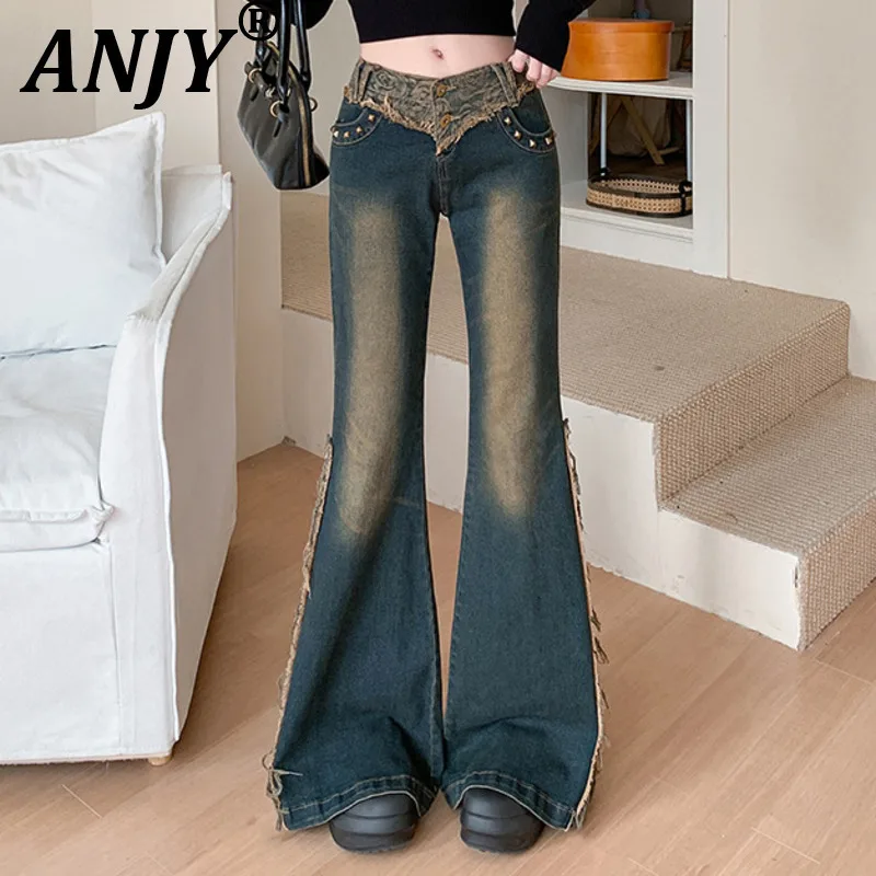 

ANJY Autumn New Women Chic Flared Jeans Washed Distressed Denim Patchwork Frayed Vintage High Street Elegant Stylish Pants A9374
