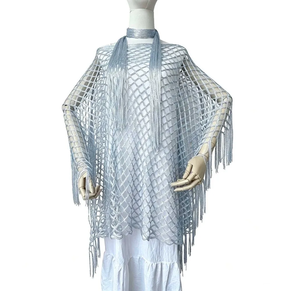 2pcs Shiny Shawl and Scarf Set Hollowed Out Sun Protection Summer Sun Shawl Poncho Top Tassel Shawl Cloak Seaside Vacation