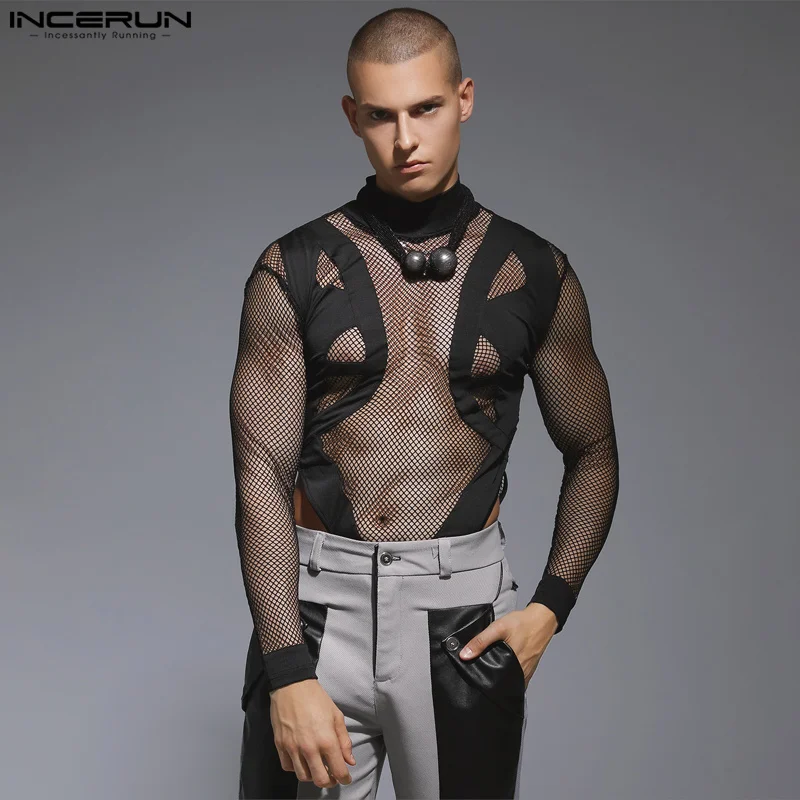 INCERUN Men Bodysuits Mesh Patchwork Sexy Turtleneck Long Sleeve Skinny T Shirt Men Streetwear Transparent 2023 Fashion Bodysuit