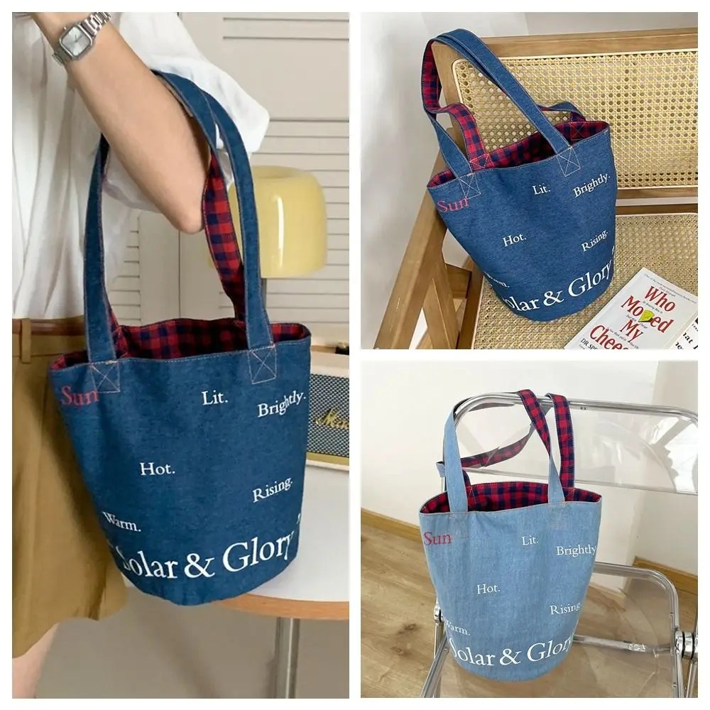 

Personalize Large Capacity Denim Bucket Bag Lunch Bag Phone Pocket Denim Tote Bag Shoulder Bag Canvas Handbag Students