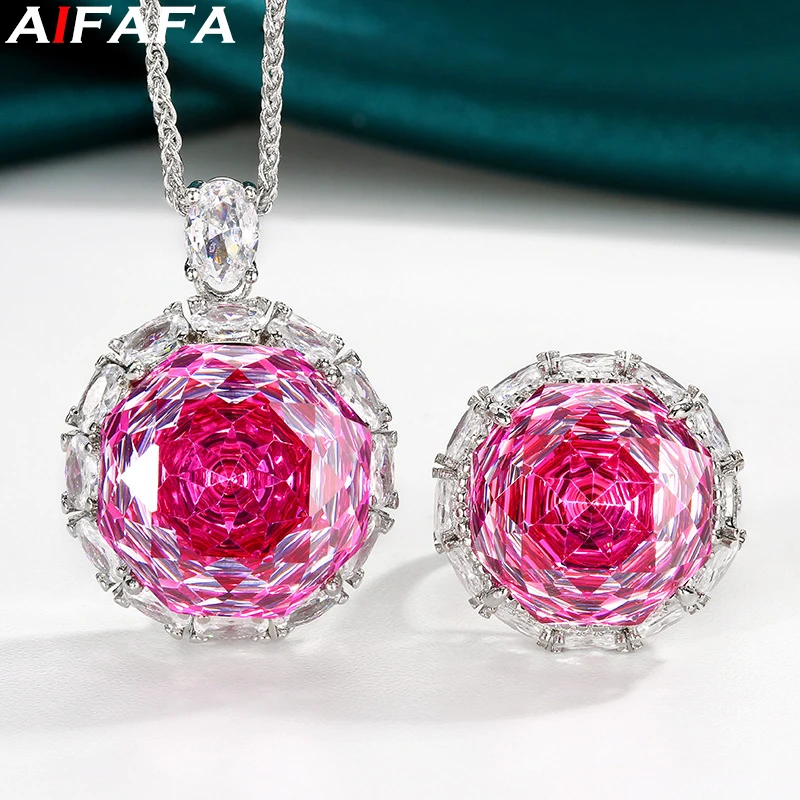 Rose Cut Stunning Pendant Necklace Finger Rings 16-18mm 5A Grade 3 Color Stone 55cm Neck Chain Ring Fashion Jewelry Accessories