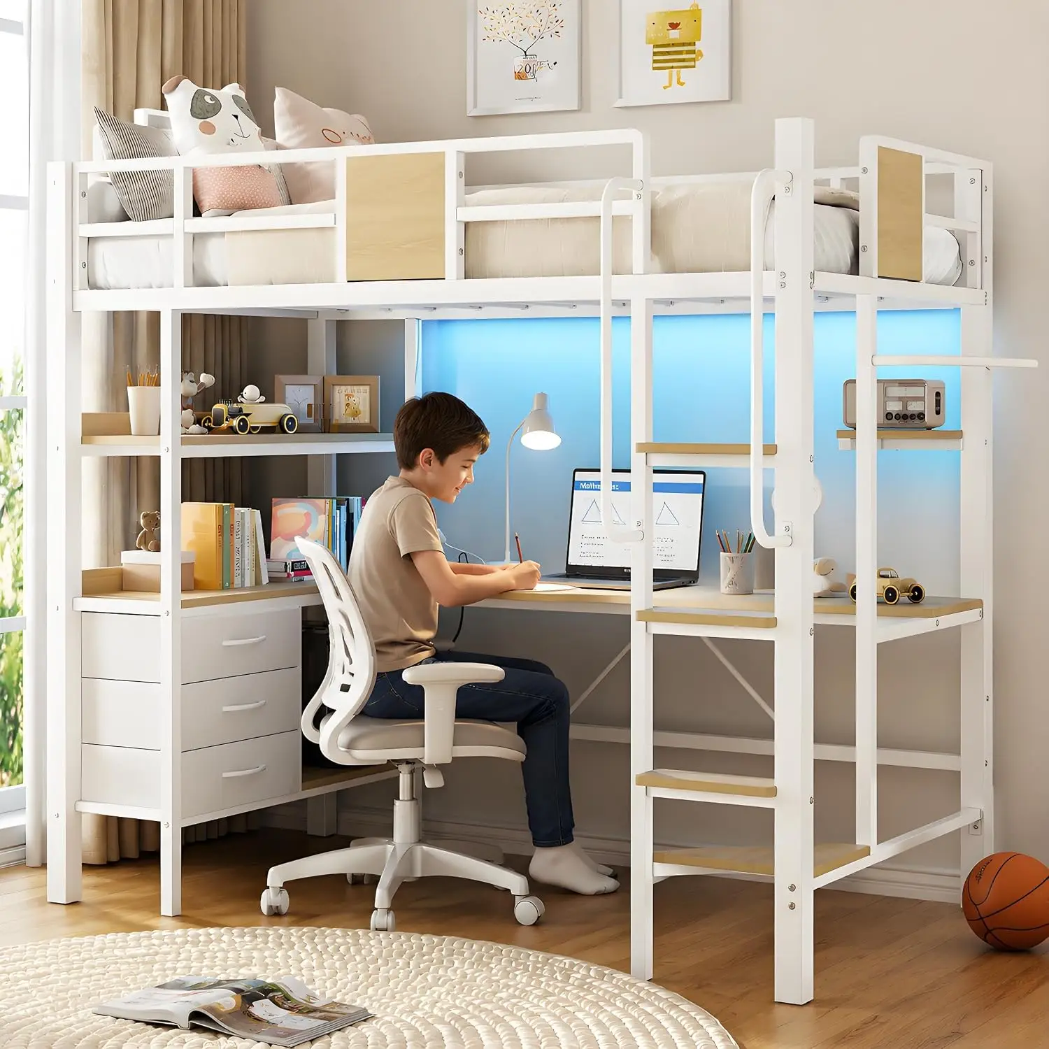 Twin Size Loft Bed Frame with Desk and Storage Shelves, Metal Loft Bed with Ladder and Full-Length Guardrails, Space Saving Kids