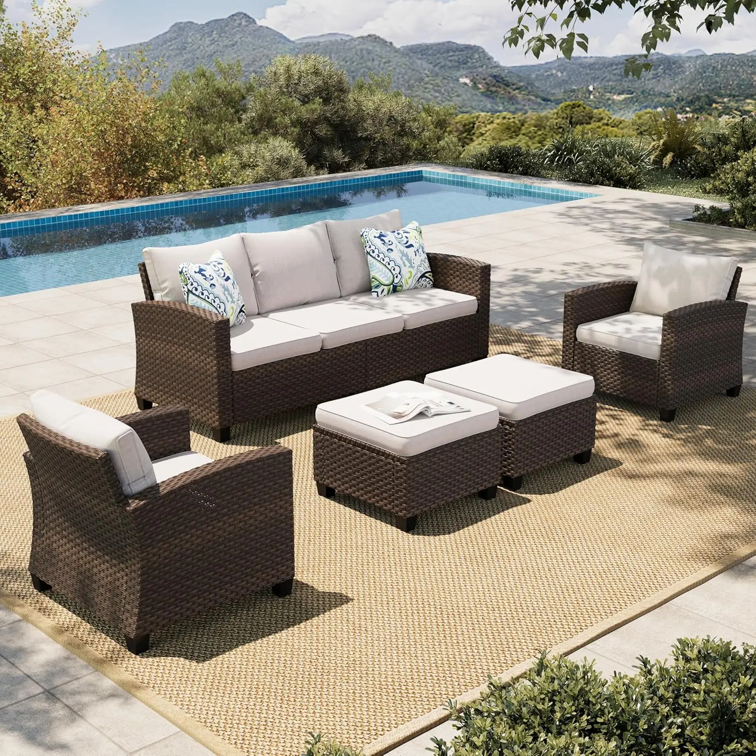 

Patio Furniture Set, 5 Pieces Outdoor Wicker Furniture, Deep Seating Outdoor Sofa Sets for Lawn Deck Backyard, Brown/Beige