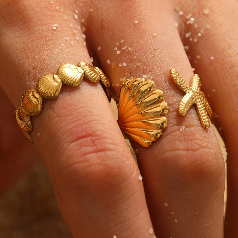 2 Stück Edelstahl Seestern Muschel Offene Ringe Wasserdicht Verstellbarer Offener Ring für Frauen Kreativer Sommer Strand Schmuck Geschenke