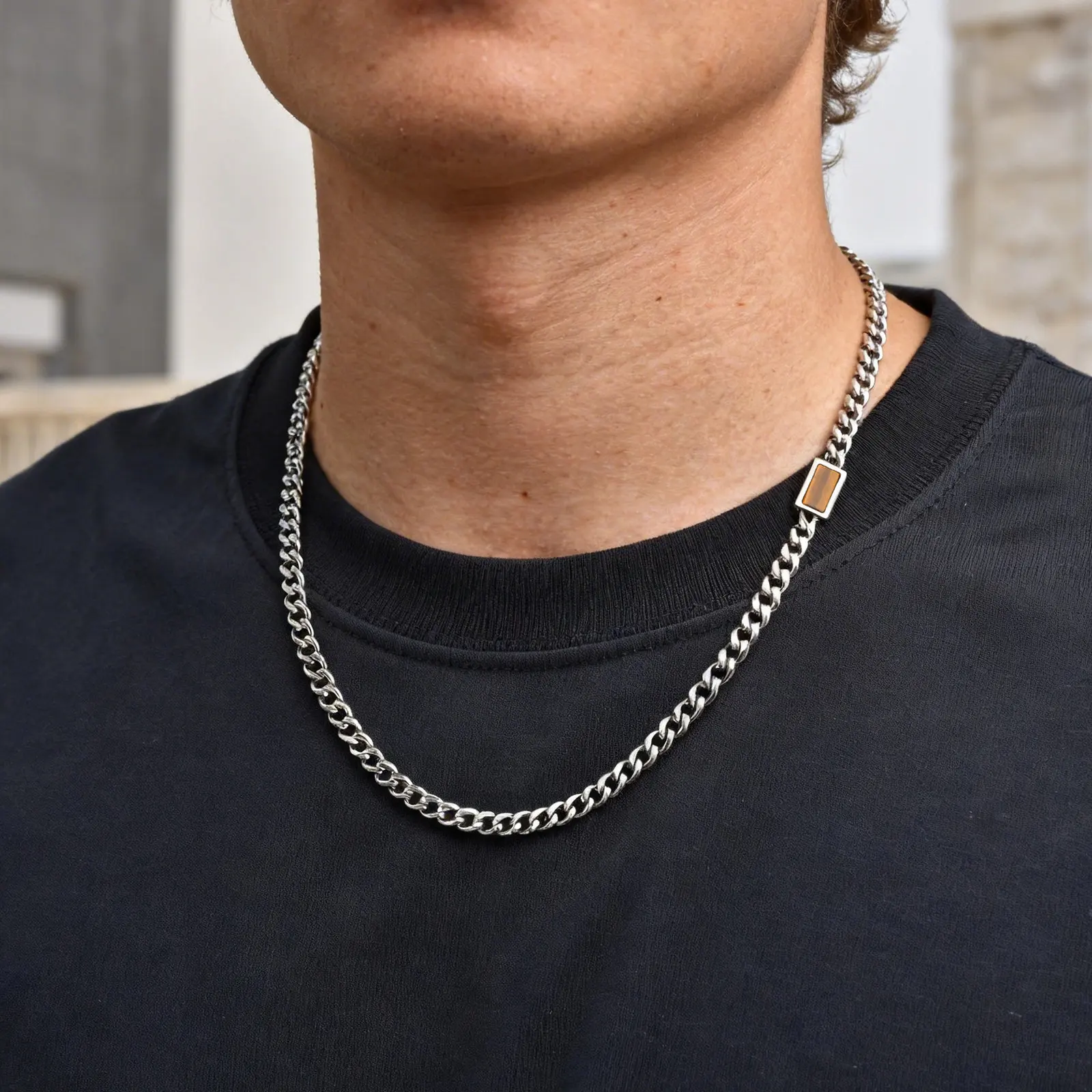 Herren-Halskette mit blauen Natursteinen, 5mm Trendige Edelstahl-Panzerkette, Hip-Hop Punk Schmuck Geschenk – Detail 5