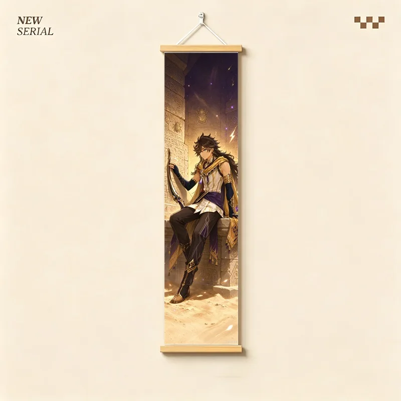 Hanging Scroll Wall Art of Genshin Impact Sethos with Gold and Violet Glow on Silver Shimmer Canvas for an Anime Bedroom