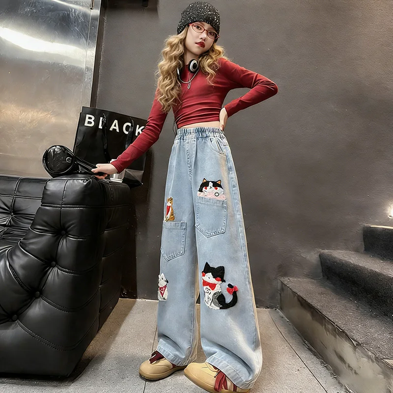Girls Cute Cartoon Cat Embroidery Jeans 2026 New Arrival High Waist Wide Leg Baggy Denim Pants Kids Spring Autumn Casual Trouser