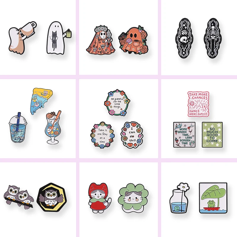 Creative Style Enamel Pin Set Cute Ghost Skeleton Cat Owl Food Brooches With Inspirational Quotes Lapel Badge Jewelry Gifts