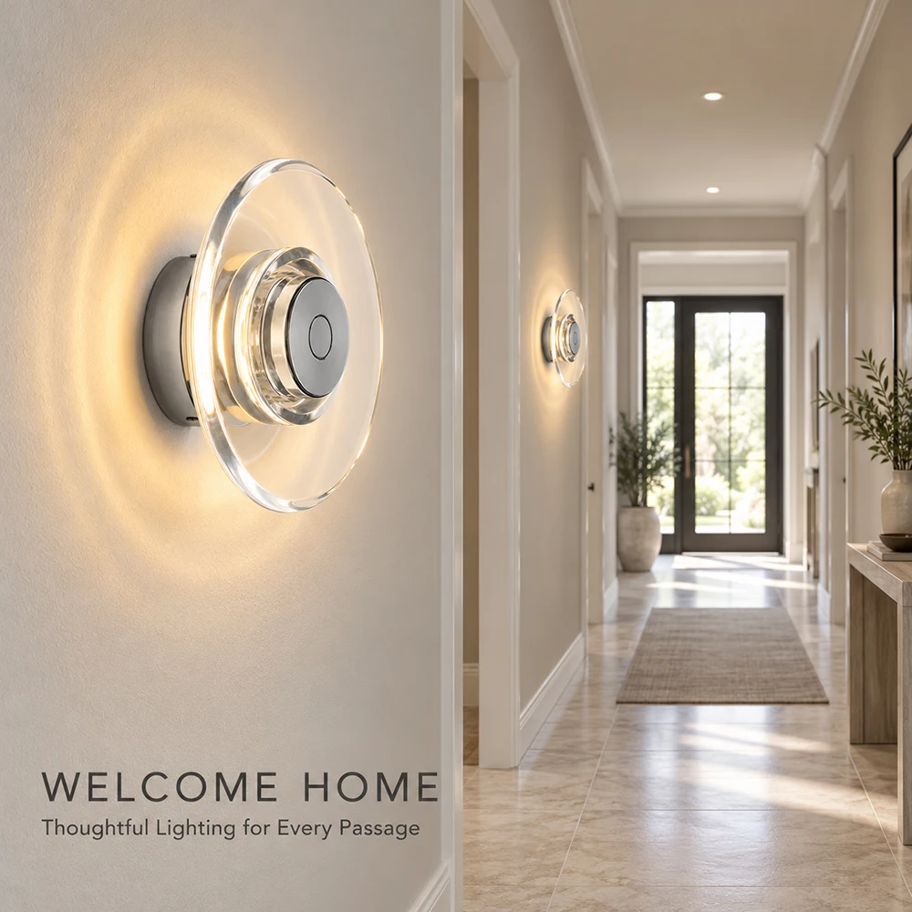 Modern Crystal Wall Sconce 5W 3000K Warm White, Clear Round Disc Wall Light, Silver Iron Base, Hardwired Indoor Lamp for Bedroom