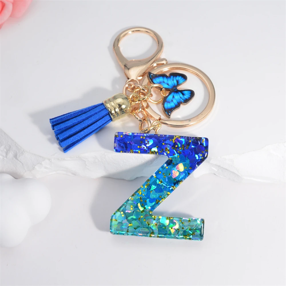 Schlüsselanhänger mit 26 englischen Alphabet-Buchstaben, Quasten, Kristall, Acryl, Schmetterling, Anhänger, Schlüsselanhänger, Geschenk, Modeschmuck, Accessoires