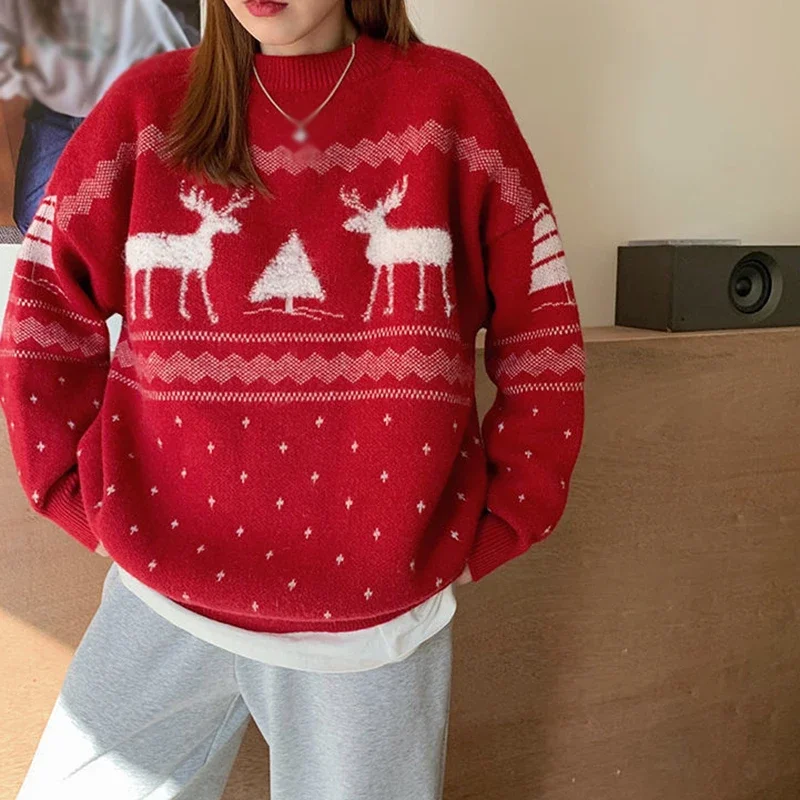 Winter Christmas Elk Print Sweater Women Men Knitted Long Sleeve Y2K Clothes Warm Thicken Jumpers Pullover Tops Knitwear