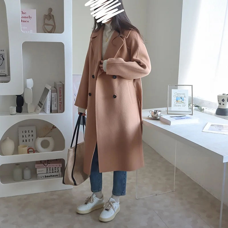 

Двустороннее шерстяное пальто из кашемира ручной работы с отложным воротником, поясом на талии, приталенным силуэтом, в корейском стиле, с длинными рукавами