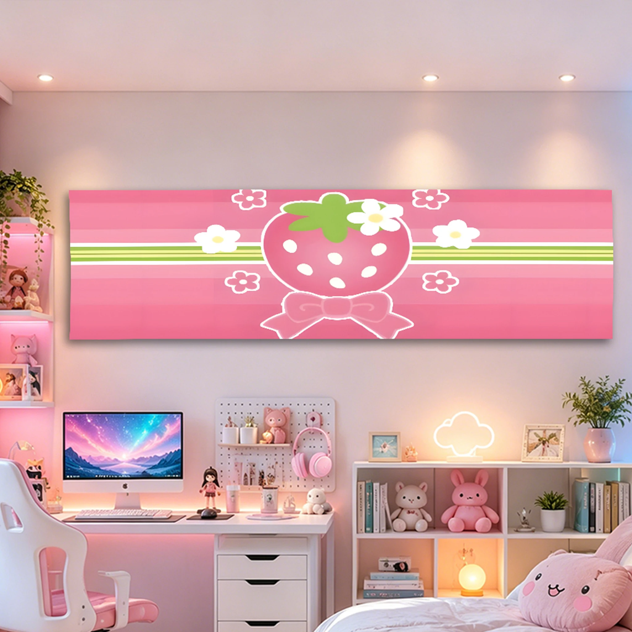 Cute Strawberry Bow Long Horizontal Tapestry, Pink Kawaii Floral Sweet Wall Hanging for Girly Bedroom Gaming Room Decor
