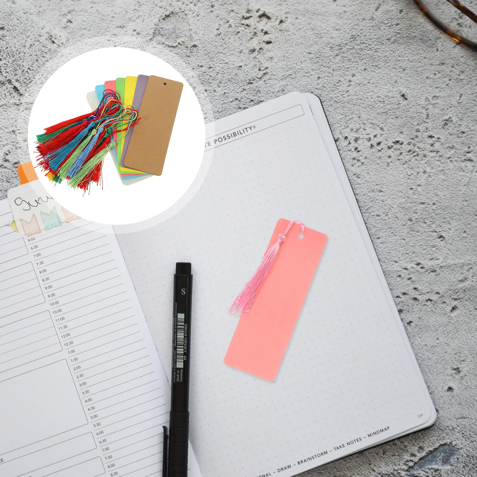 DIY 공예용 무지 책갈피 1세트, 무채색 종이 책갈피 태그, 태슬 걸이 구멍 포함, 학생용 공예 용품