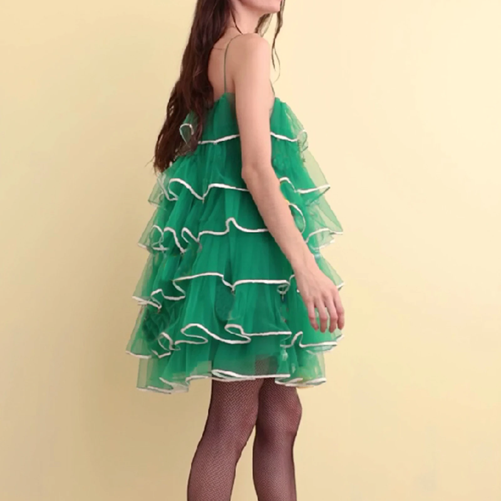 الطبقات تكدرت شبكة التباين اللون تقليم أكمام ألف خط فساتين قصيرة عيد الميلاد المرأة السباغيتي حزام كامي اللباس #5