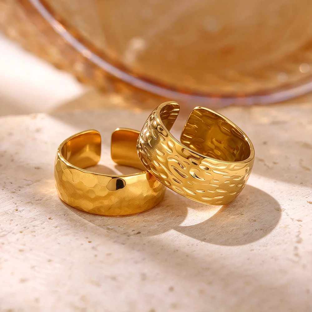 2 PCS Handmade Embossed Broad Surface Rings Set Unisex Chunky Wide Gold Color Anillos Stainless Steel Minimalist Engaged Jewelry