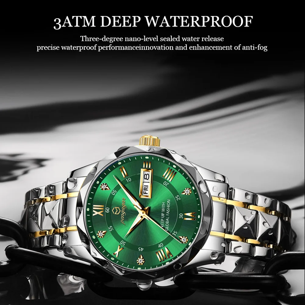 PENGAGAR Top Brand Luxury Man Wristwatch Waterproof Luminous Date Week Men Watches Stainless Steel Quartz Men\'s Watch Male reloj