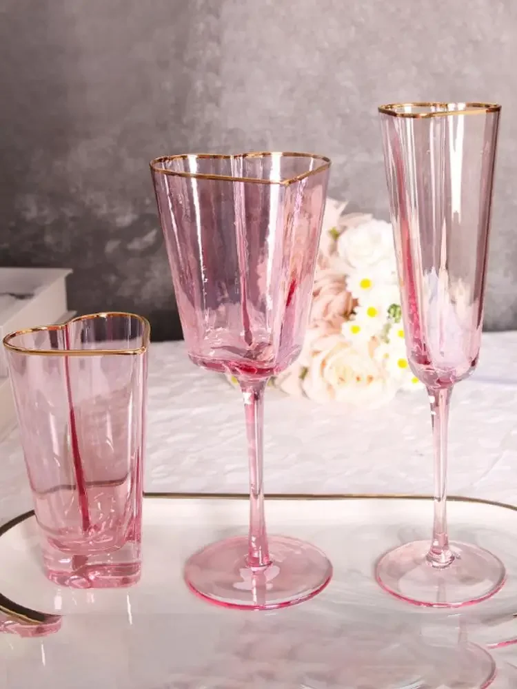Pink Hammered Phnom Penh Red Wine Glasses Heart-shaped Barware Set Champagne Glasses Juice Glass Mug Goblets