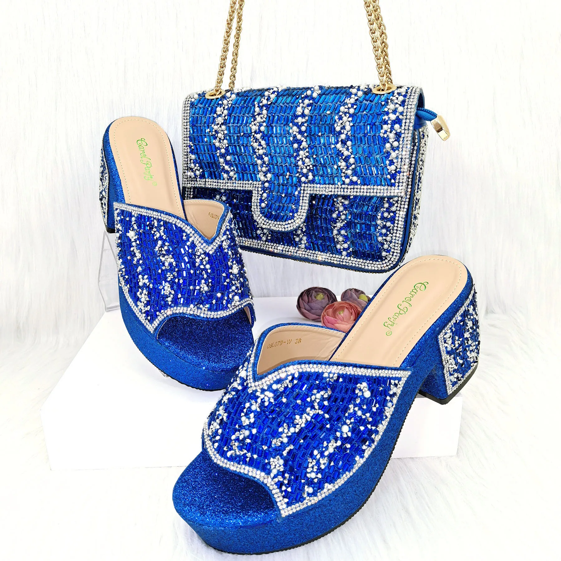 

Nigeria Mature Shoes And Bag Matching Set With Blue Rhinestones Hot Selling Women Italian Shoes With Bag Set For Party Wedding