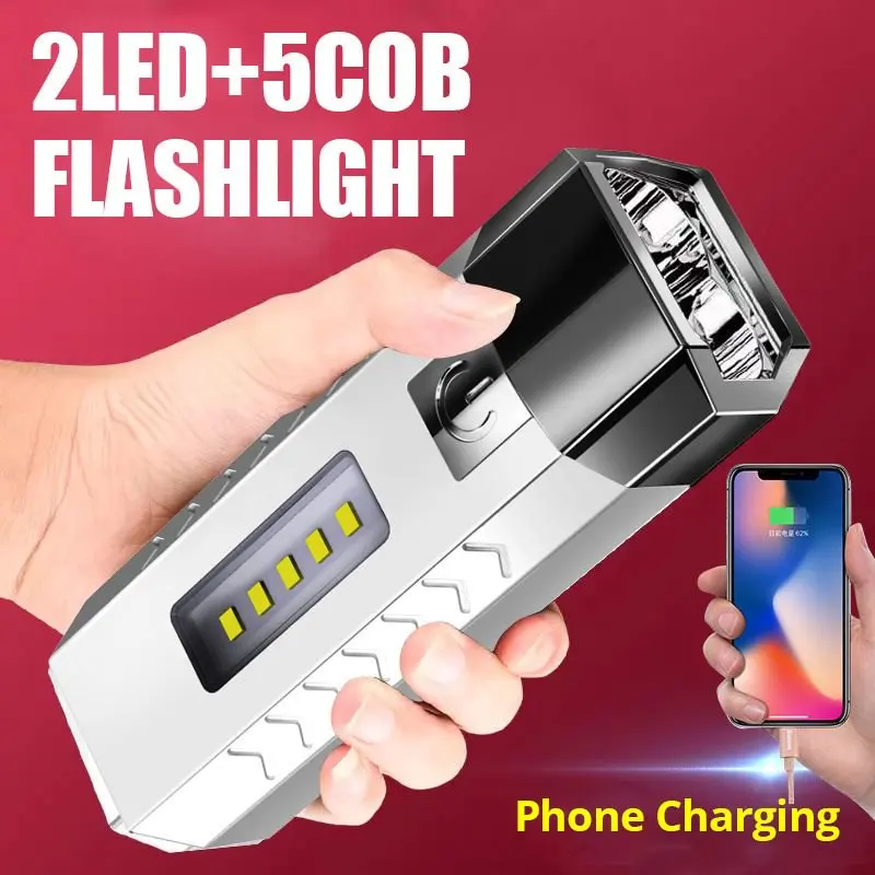 

Super Bright 2*LED Flashlight with 5*COB Side Light USB Rechargeable Portable Mini Torch for Camping Emergency Hiking