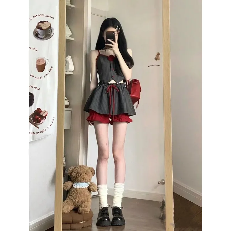 

Retro Spicy Girl Stripe Camisole Vest Pantskirt Two-piece Set Lady Contrast Color Lace Up Sleeveless Collarbone Slim Summer Set