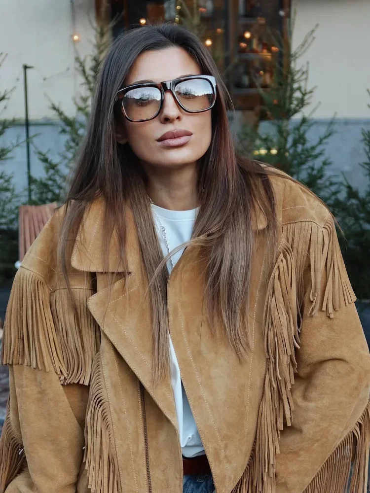 

Женская мода Короткая куртка с воротником-стойкой и кисточками Однотонная свободная куртка на молнии с длинными рукавами Повседневная осенняя новинка High S