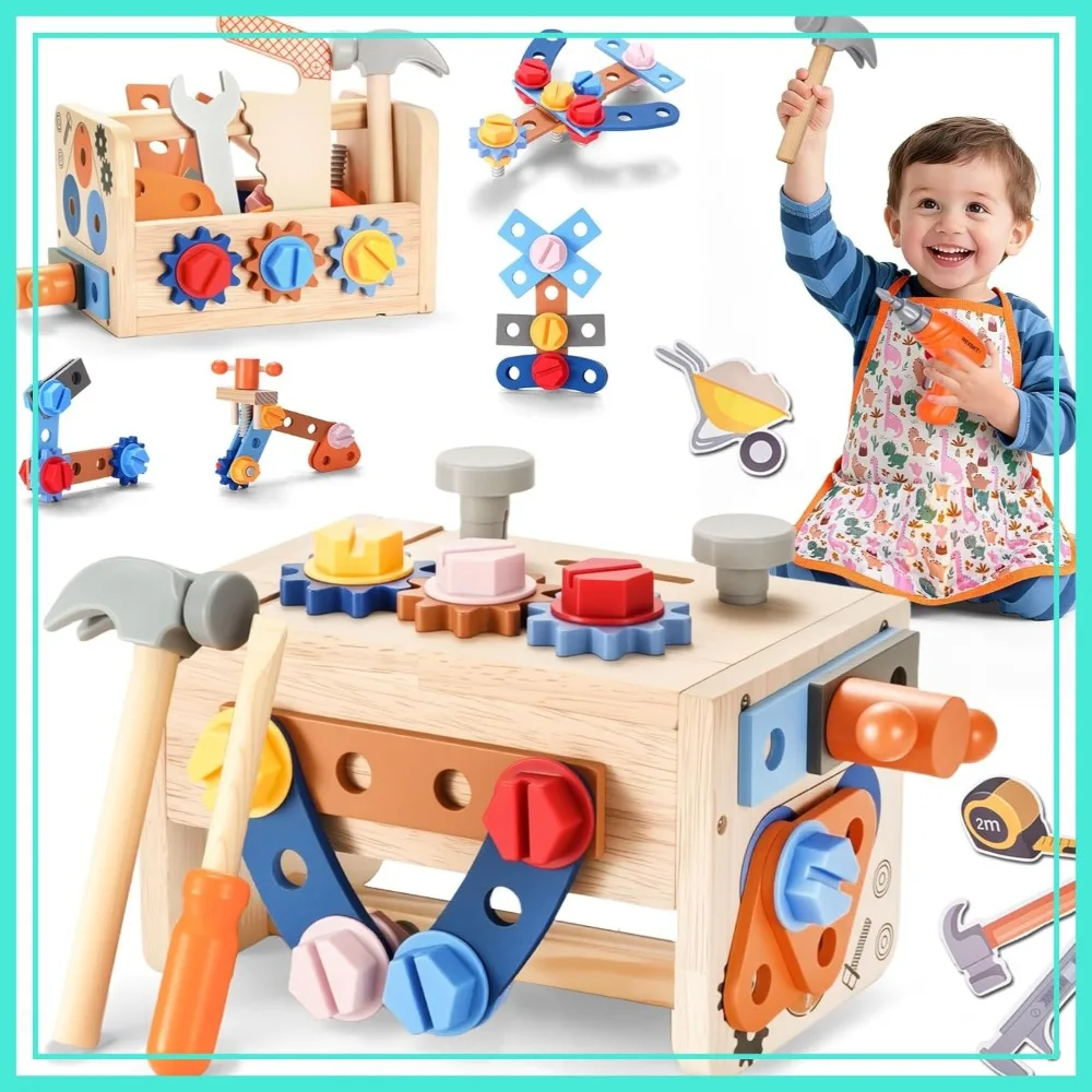 

43Pcs Wooden Tool Bench with Electric Drill, Apron, Educational Montessori Toys for 3-5 Year Old Boys Girls, Birthday Gifts