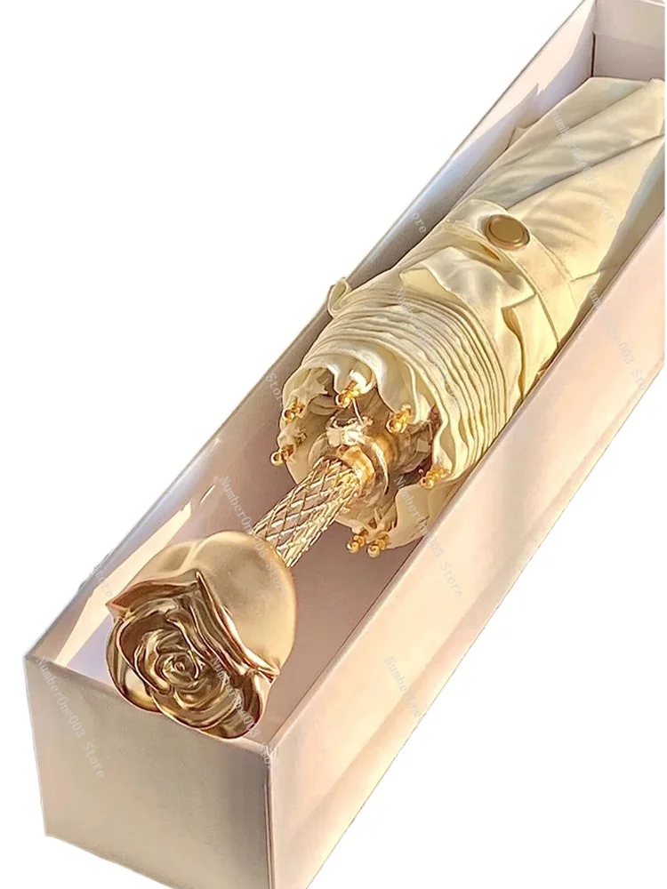 Luxury Rose Handle Umbrella For Girls Good-looking Rain And Rain Dual-Use High-Grade Sunset Rose Retro Umbrella