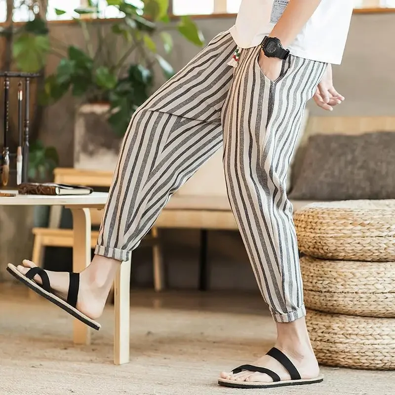 Summer Slim Fit Casual Pants Man Striped Trousers for Men Linen Cropped Pocket Thin Loose Baggy Aesthetic High Quality Designer