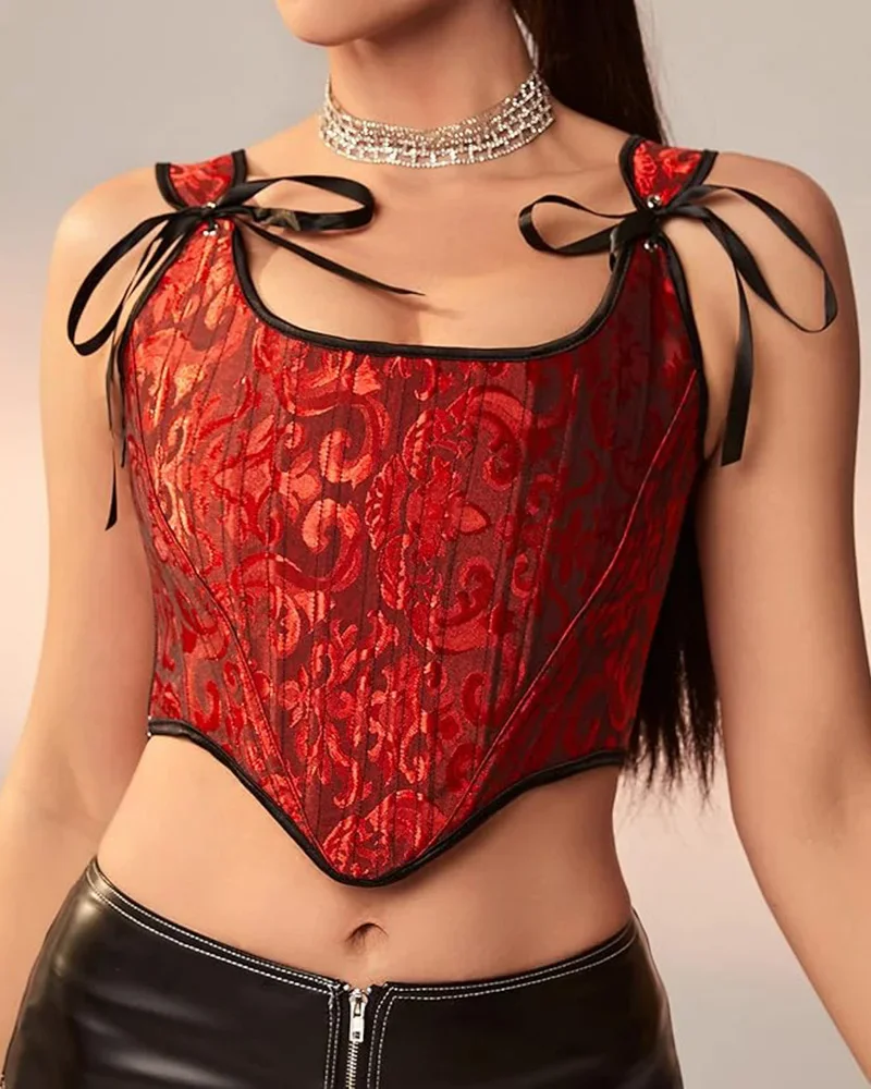 Vintage Jacquard Bustier Tops Women Lace-up Corset French Renaissance Bodice Camisole Slim Tank Top Bodyshaper Top Waist Trainer